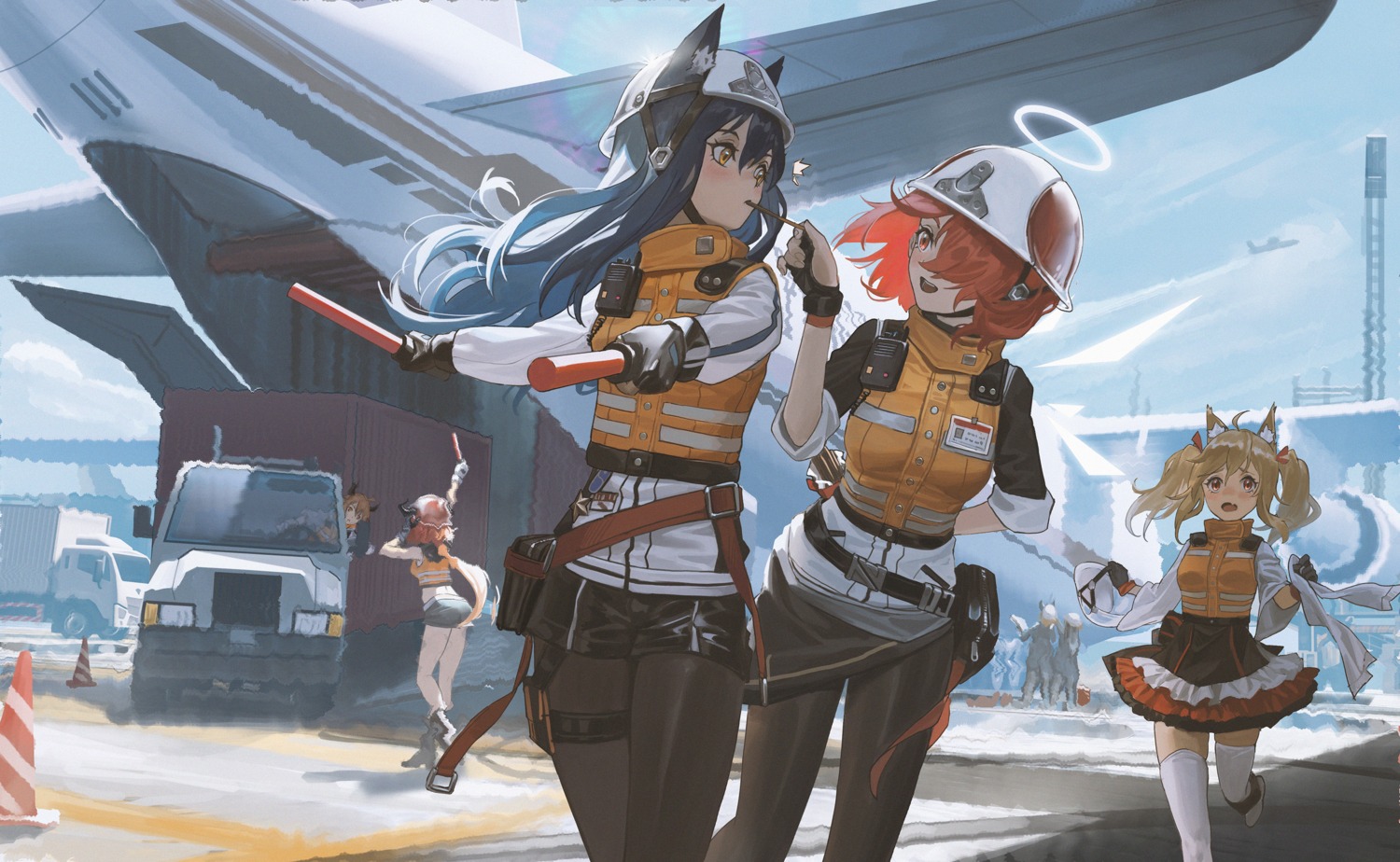 angel, animal_ears, arknights, ass, bison_(arknights), croissant_(arknights), exusiai_(arknights), garter, heels, horns, pantyhose, sora_(arknights), texas_(arknights), thighhighs, ttk_(kirinottk), uniform, wings