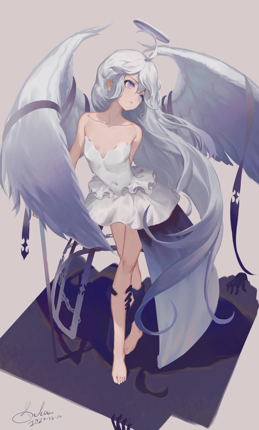 angel, anhao1224, dress, no_bra, see_through, summer_dress, wings