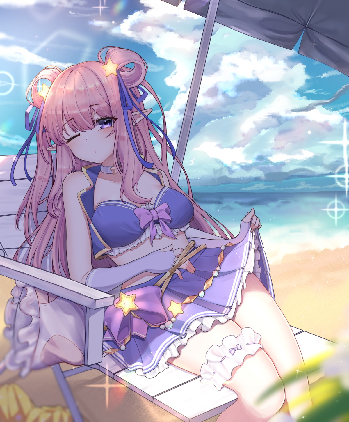bra, garter, kashiwazaki_hatsune, open_shirt, pointy_ears, pomp_(qhtjd0120), princess_connect!, princess_connect!_re:dive