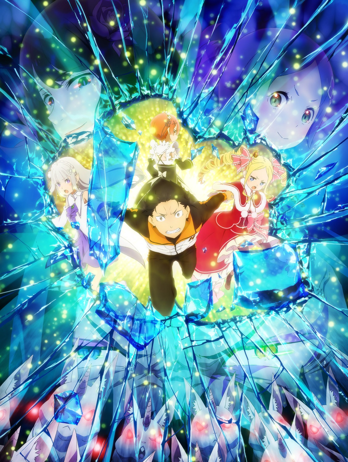 beatrice_(re_zero), dress, elf, elsa_granhiert, emilia_(re_zero), maid, natsuki_subaru, pointy_ears
