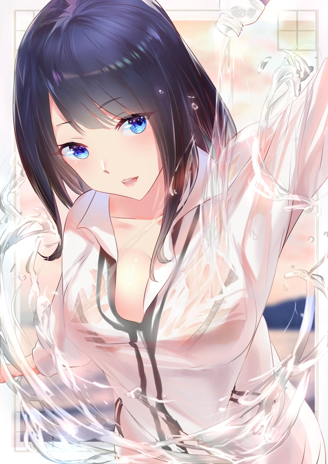 bra, gridman_universe, nakagawa_kanon_(pixiv32798535), open_shirt, see_through, seifuku, ssss.gridman, sweater, takarada_rikka, wet, wet_clothes