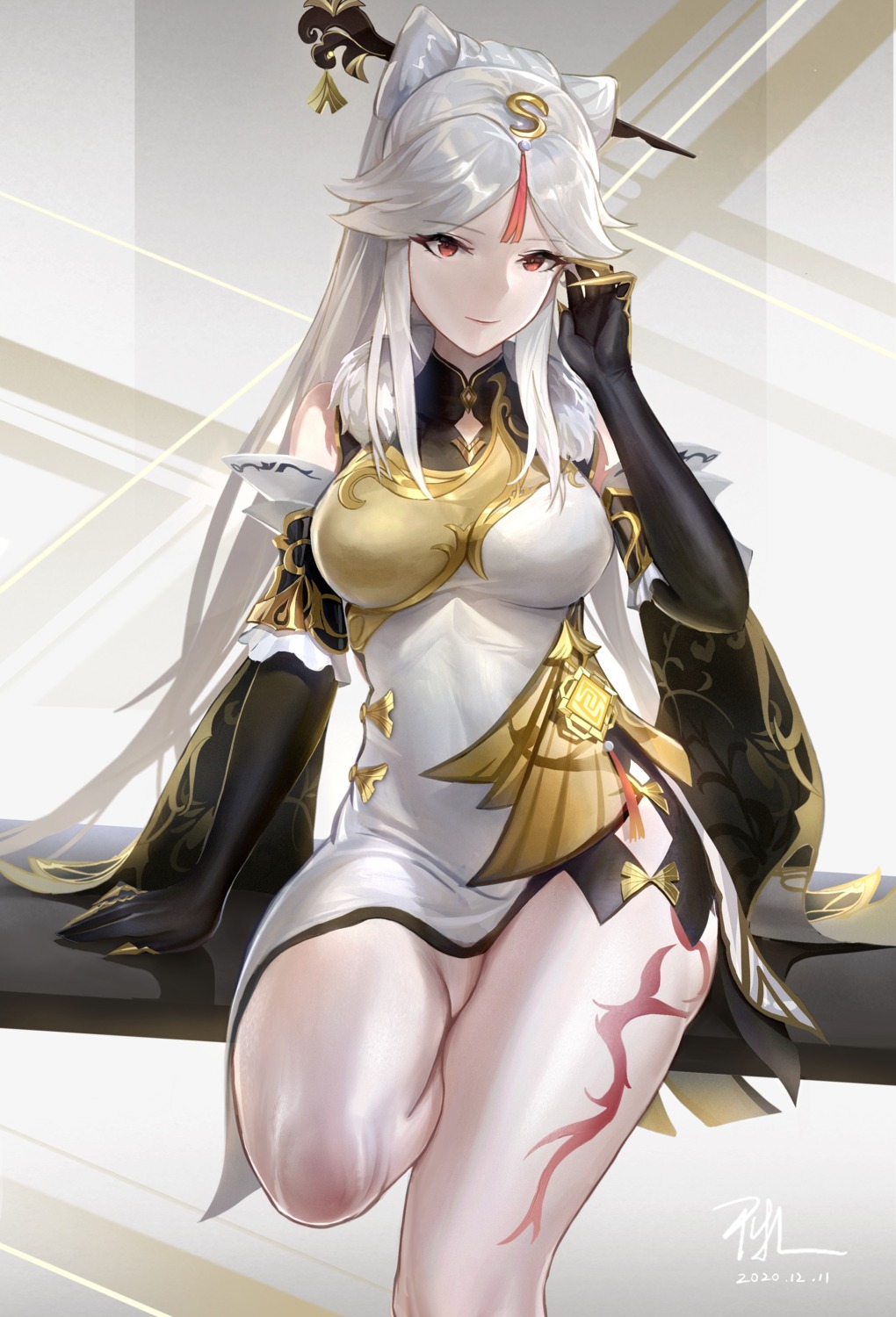 chinadress, genshin_impact, ningguang, skirt_lift, tattoo, zhehewofu_huayou_shemeguanx