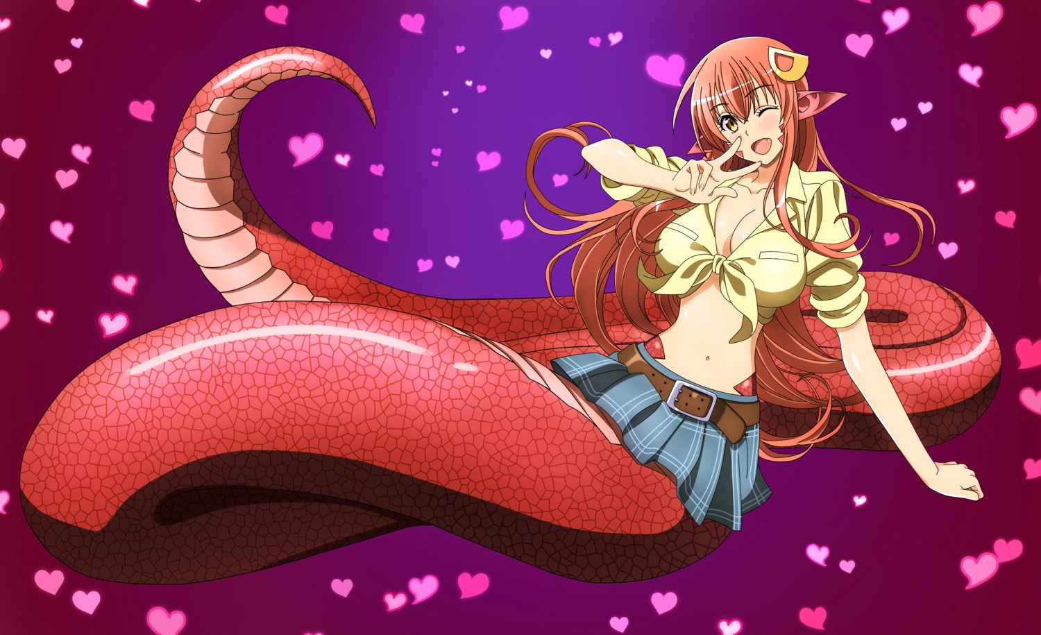 cleavage, dt501061, miia_(monster_musume), monster_girl, monster_musume_no_iru_nichijou, open_shirt, pointy_ears, skirt_lift