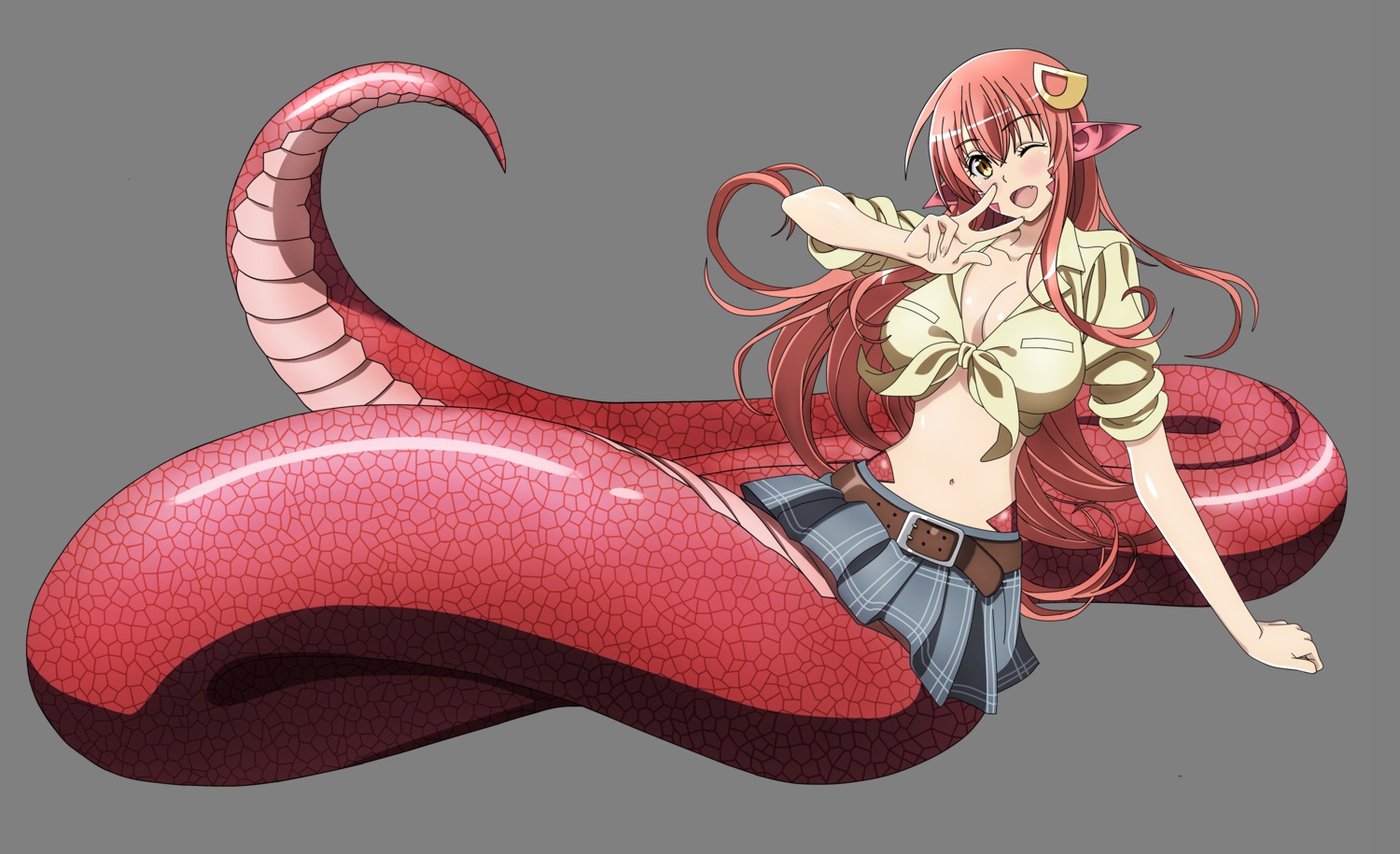 cleavage, dt501061, miia_(monster_musume), monster_girl, monster_musume_no_iru_nichijou, open_shirt, pointy_ears, skirt_lift