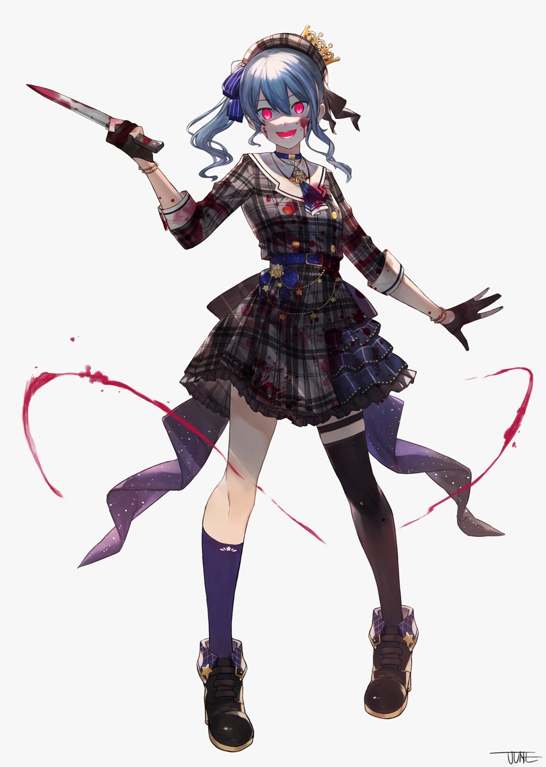 blood, garter, hololive, hoshimachi_suisei, jun_wei, thighhighs, weapon, yandere