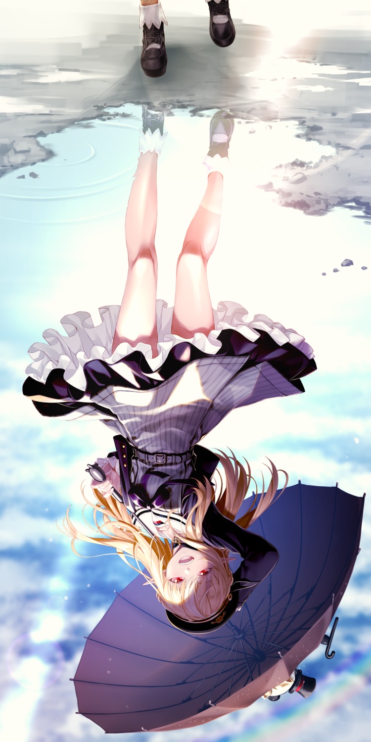 elf, fenrir_(fenlil0316), hololive, pointy_ears, seifuku, shiranui_flare, skirt_lift, umbrella
