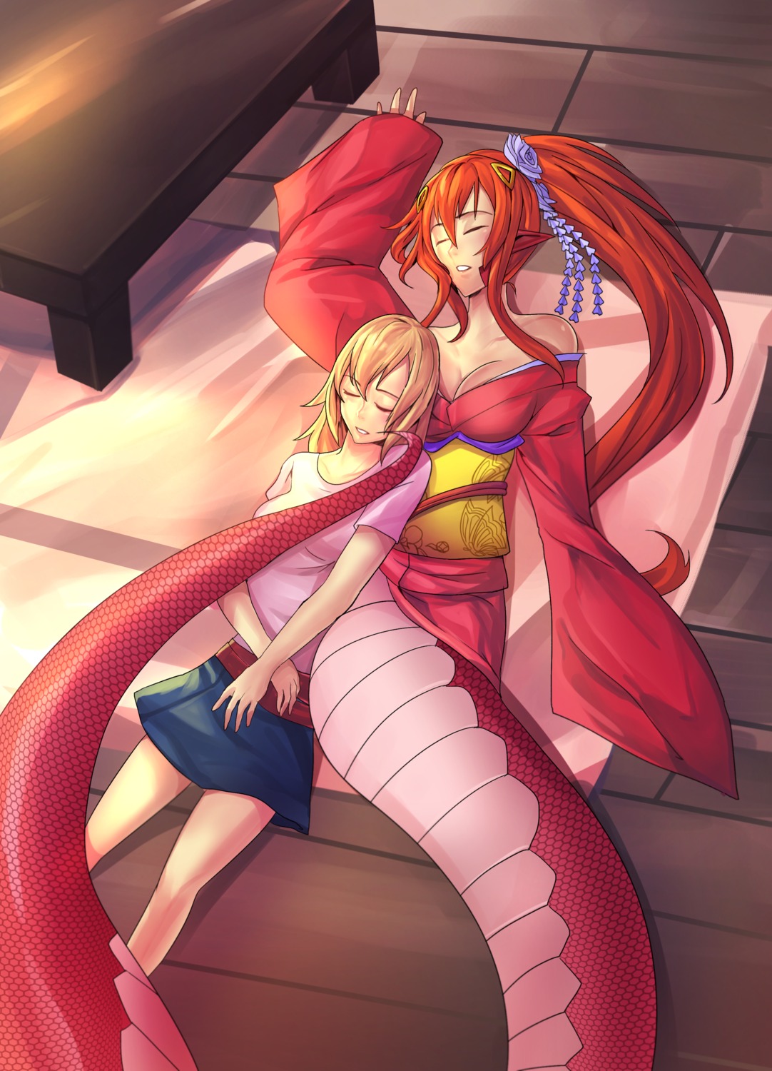 cleavage, ibenz009, kimono, miia_(monster_musume), monster_girl, monster_musume_no_iru_nichijou, no_bra, open_shirt, pointy_ears, tail