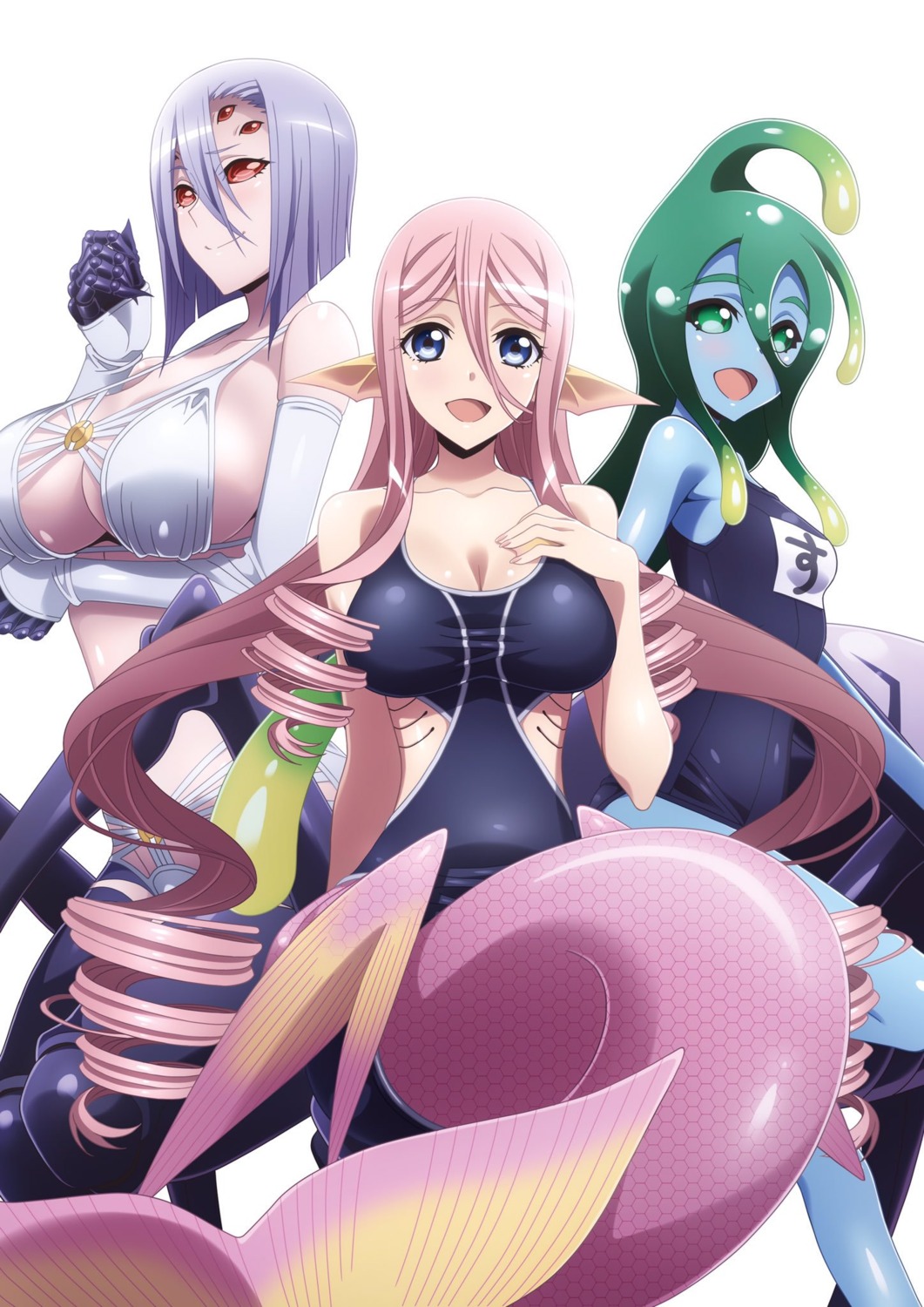 bikini, cleavage, mermaid, meroune_lorelei, monster_girl, monster_musume_no_iru_nichijou, rachnera_arachnera, school_swimsuit