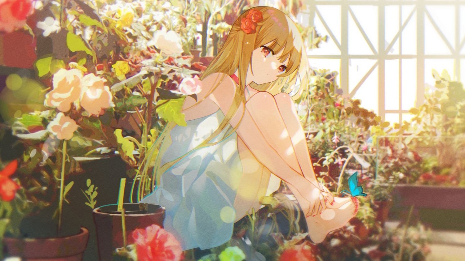 dress, feet, omutatsu, skirt_lift, summer_dress, wallpaper