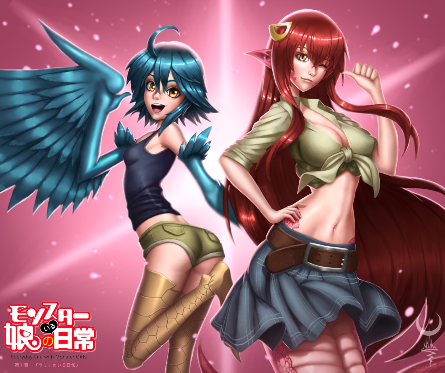 angel_moonlight, ass, cleavage, miia_(monster_musume), monster_girl, monster_musume_no_iru_nichijou, no_bra, open_shirt, papi, pointy_ears, tail, wings