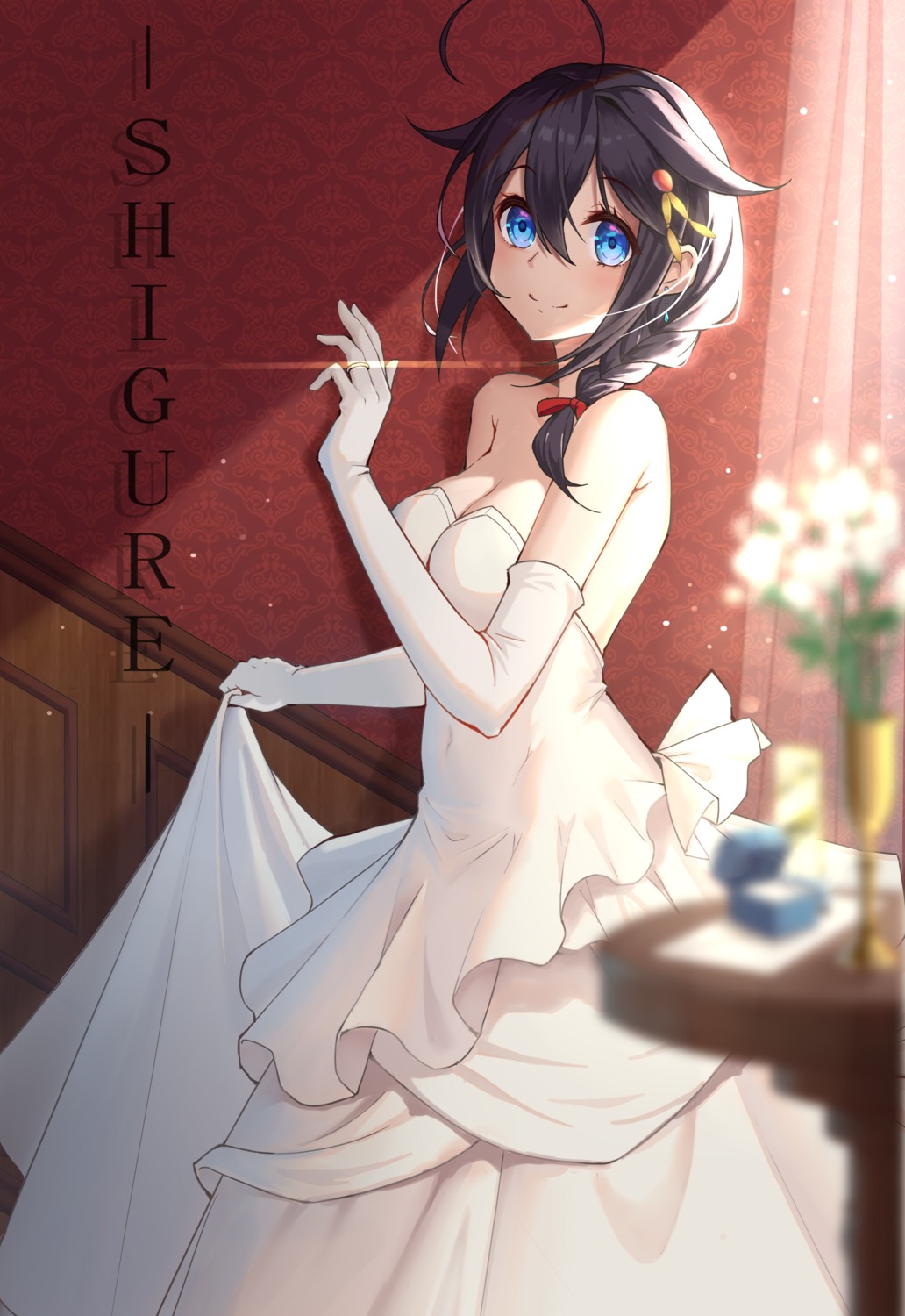 cleavage, dress, hongye_feixue, kantai_collection, no_bra, shigure_(kancolle), skirt_lift, wedding_dress