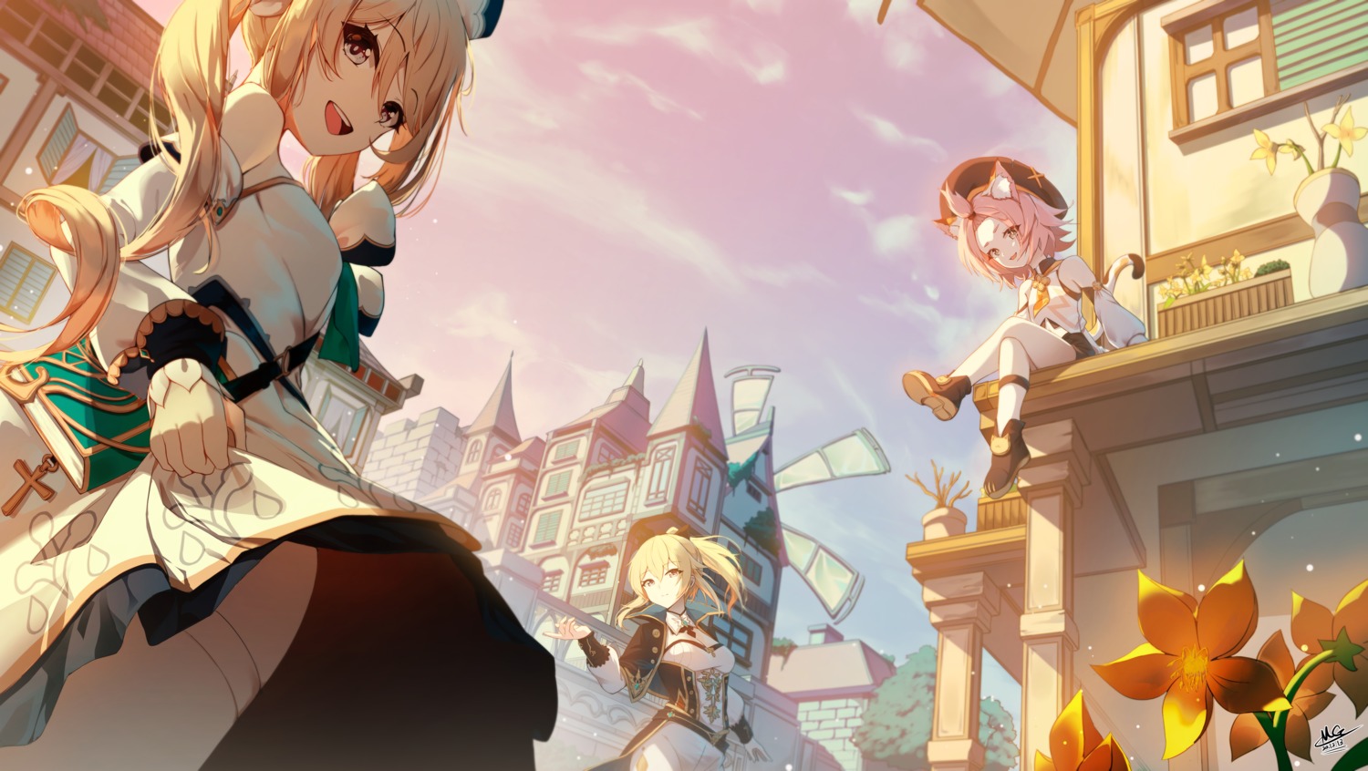 animal_ears, barbara_(genshin_impact), cleavage, diona, dress, genshin_impact, jean_gunnhildr, magica