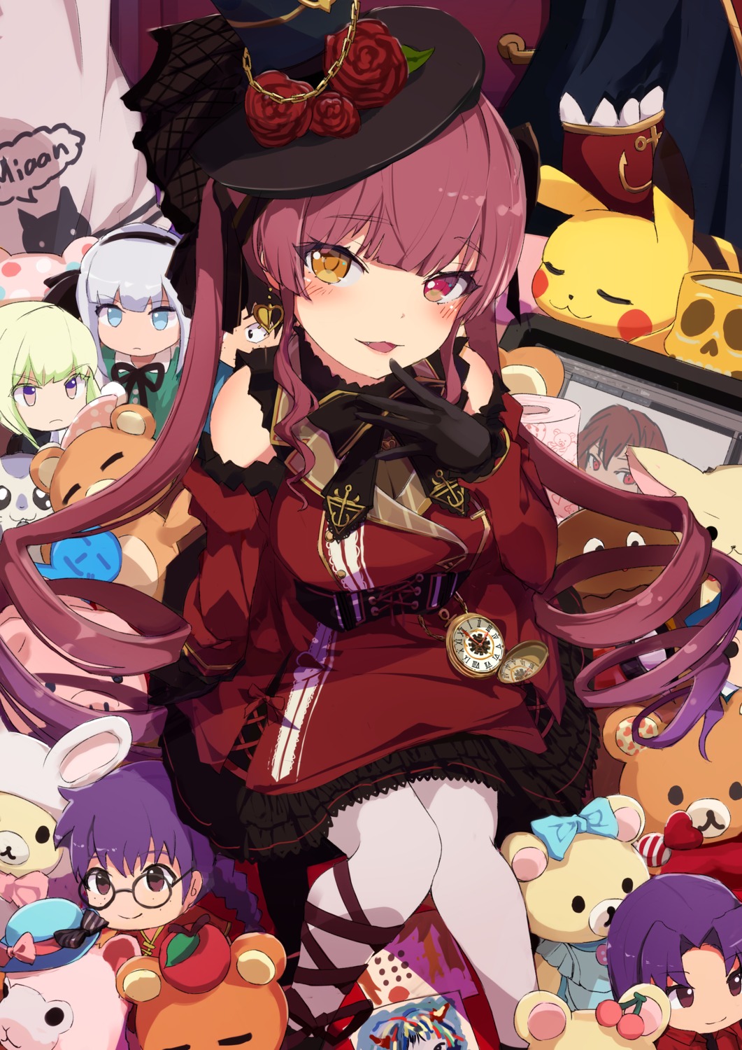 chibi, cleavage, crossover, dress, heterochromia, hololive, houshou_marine, katsuragi_misato, lio_fotia, lolita_fashion, megane, neon_genesis_evangelion, pantyhose, pikachu, pokemon, promare, remini, touhou