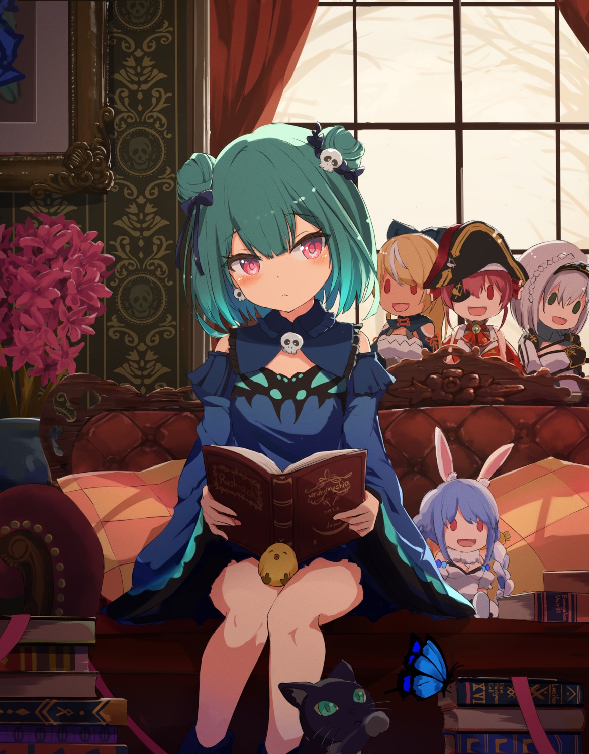animal_ears, bunny_ears, chibi, dress, eyepatch, hololive, houshou_marine, neko, pirate, remini, shiranui_flare, shirogane_noel, uruha_rushia, usada_pekora