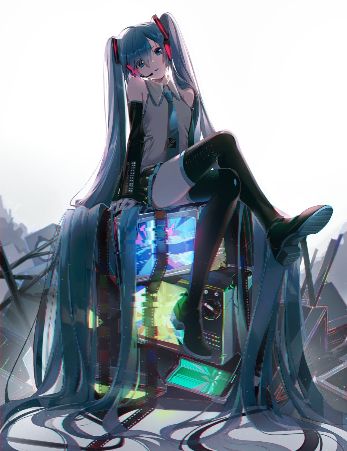 buri_(retty9349), hatsune_miku, headphones, skirt_lift, thighhighs, vocaloid