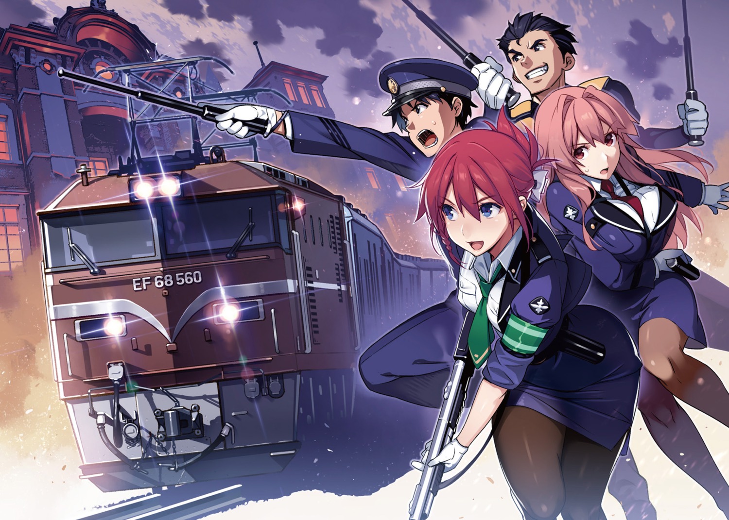 gun, iwaizumi_shou, koumi_haruka, pantyhose, rail_wars!, sakurai_aoi_(rail_wars!), takayama_naoto, uniform
