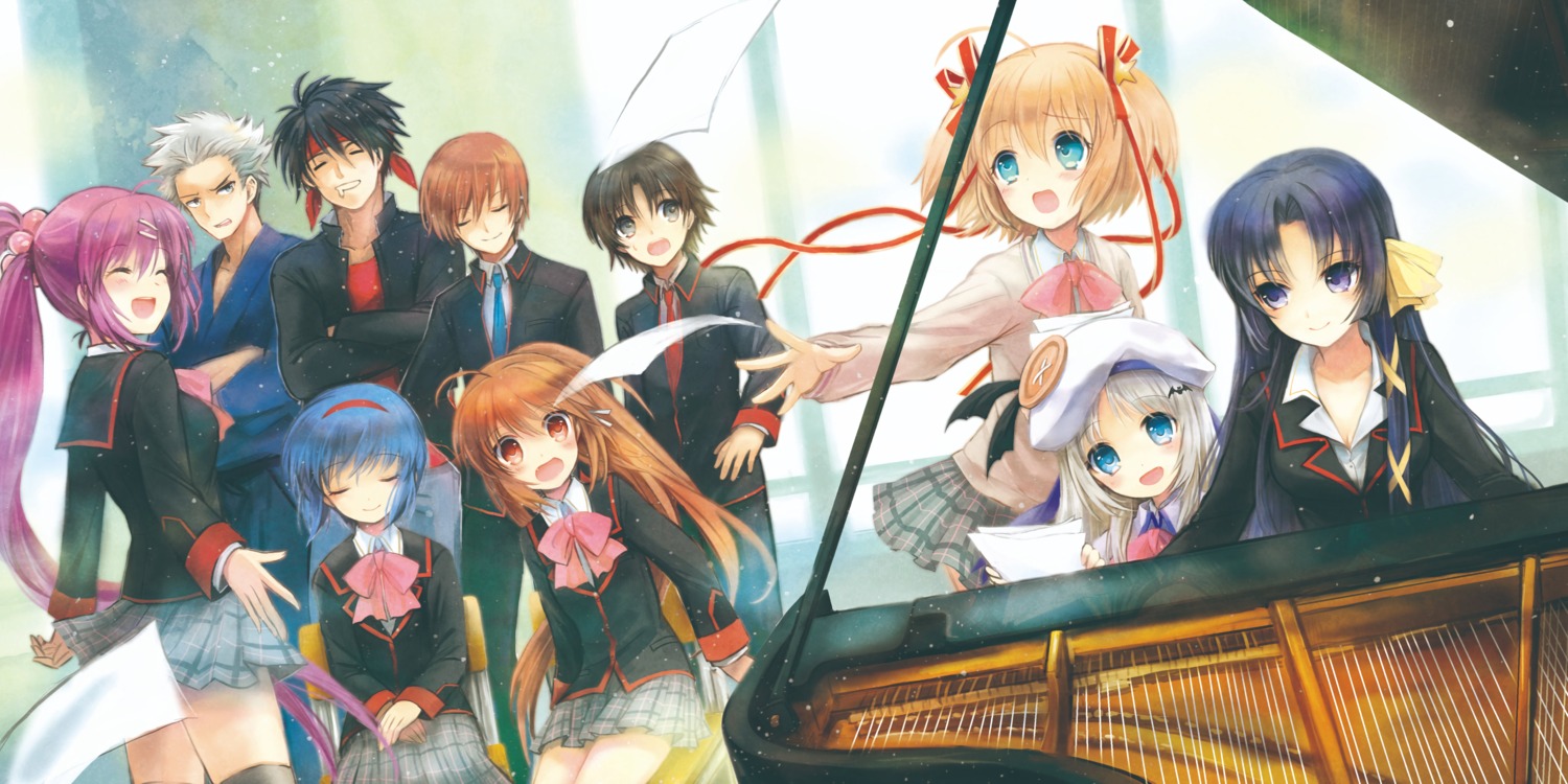 disc_cover, inohara_masato, japanese_clothes, kamikita_komari, key, kurugaya_yuiko, little_busters!, miyazawa_kengo, naoe_riki, natsume_kyousuke, natsume_rin, nishizono_mio, noumi_kudryavka, saigusa_haruka, seifuku, sweater, thighhighs, yuhazu_(rhe-rhe)