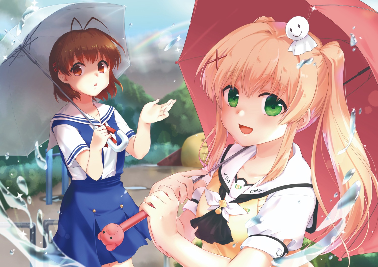 clannad, crossover, furukawa_nagisa, misaki_juri, seifuku, summer_pockets, sweater, tsumugi_wenders, umbrella