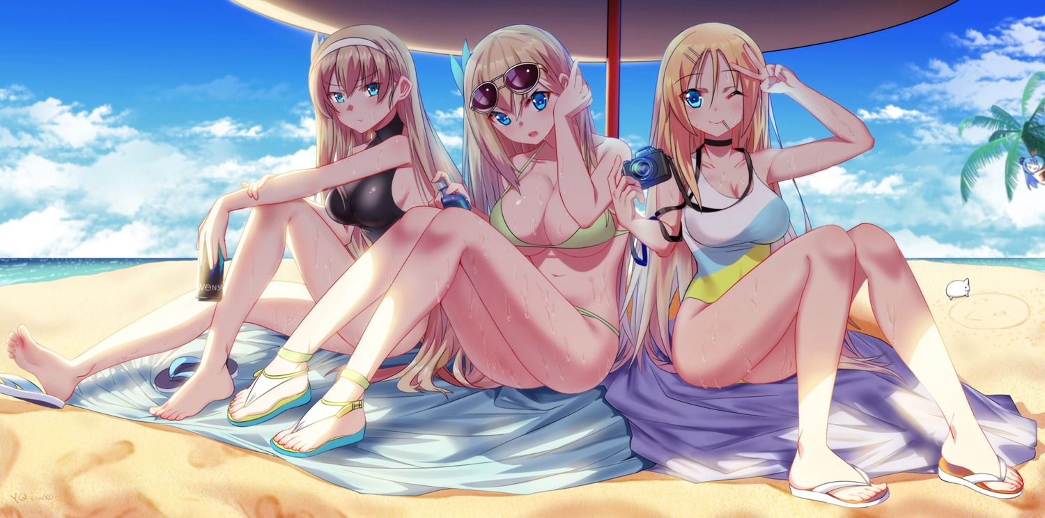 artist_revision, bikini, cang_se_ye_hua, cleavage, feet, lexington_(zhanjianshaonv), megane, quincy_(zhanjianshaonv)