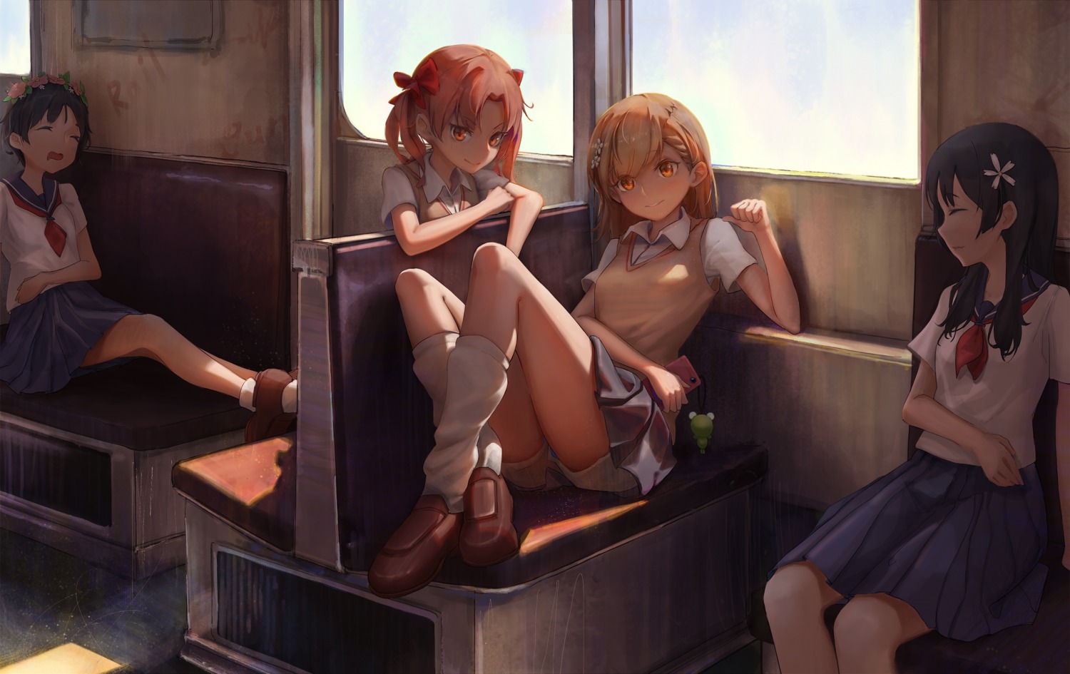 bingwei_huang, lingerie, misaka_mikoto, saten_ruiko, seifuku, shirai_kuroko, skirt_lift, sweater, toaru_majutsu_no_index, uiharu_kazari