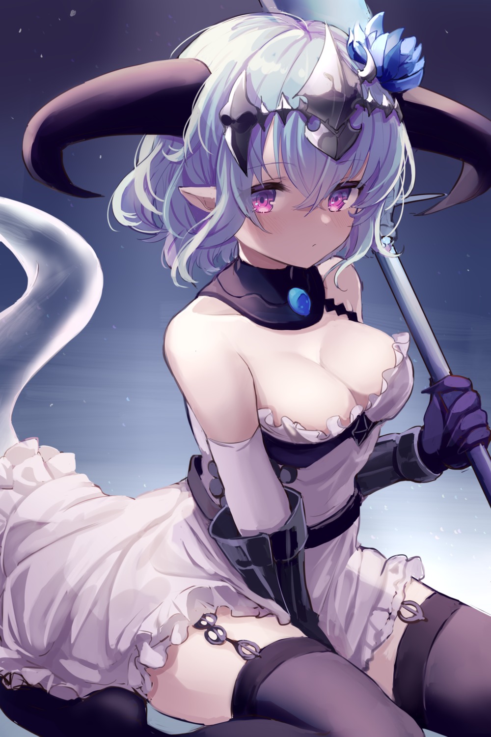 cleavage, dress, horns, karunabaru, no_bra, pointy_ears, shadowverse, skirt_lift, stockings, tail, thighhighs, weapon, whitefrost_dragonewt_filene