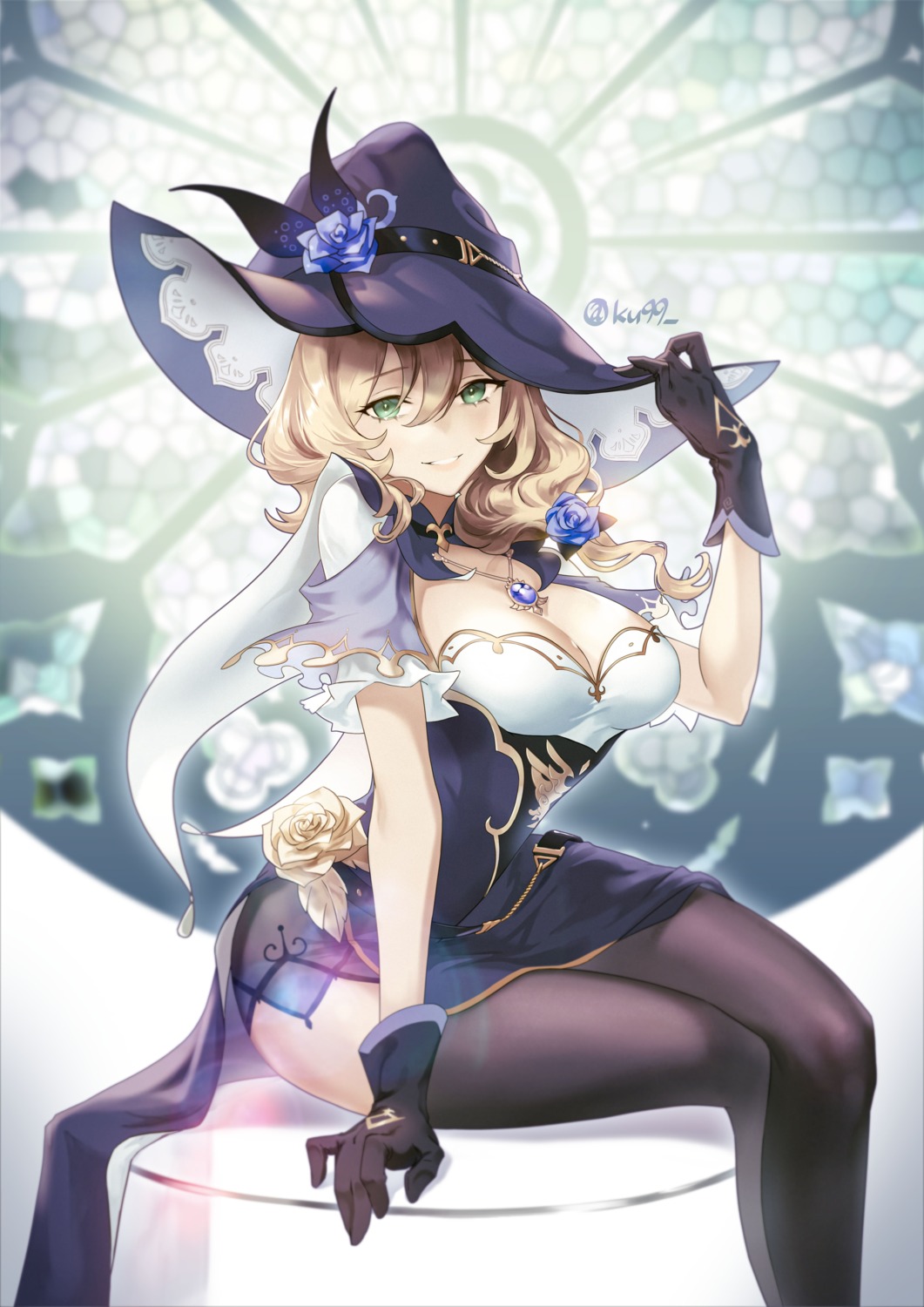 dress, genshin_impact, ku99_(kugugu), lisa_(genshin_impact), no_bra, thighhighs, witch