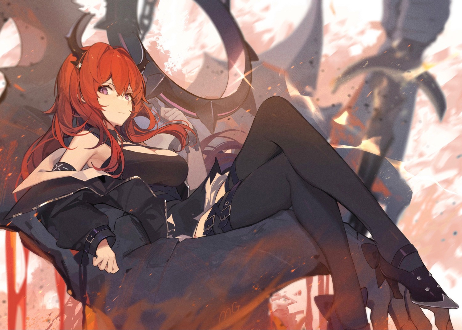 arknights, cleavage, garter, heels, horns, mongarit, surtr_(arknights), thighhighs