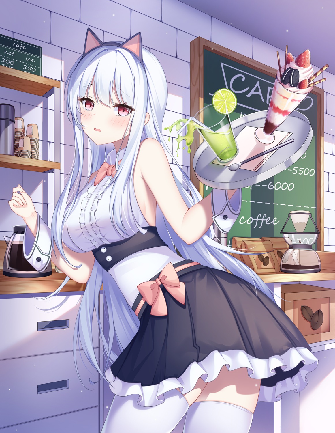 animal_ears, ass, azur_lane, dido_(azur_lane), lin_(user_uzmw2535), maid, nekomimi, no_bra, skirt_lift, thighhighs, waitress