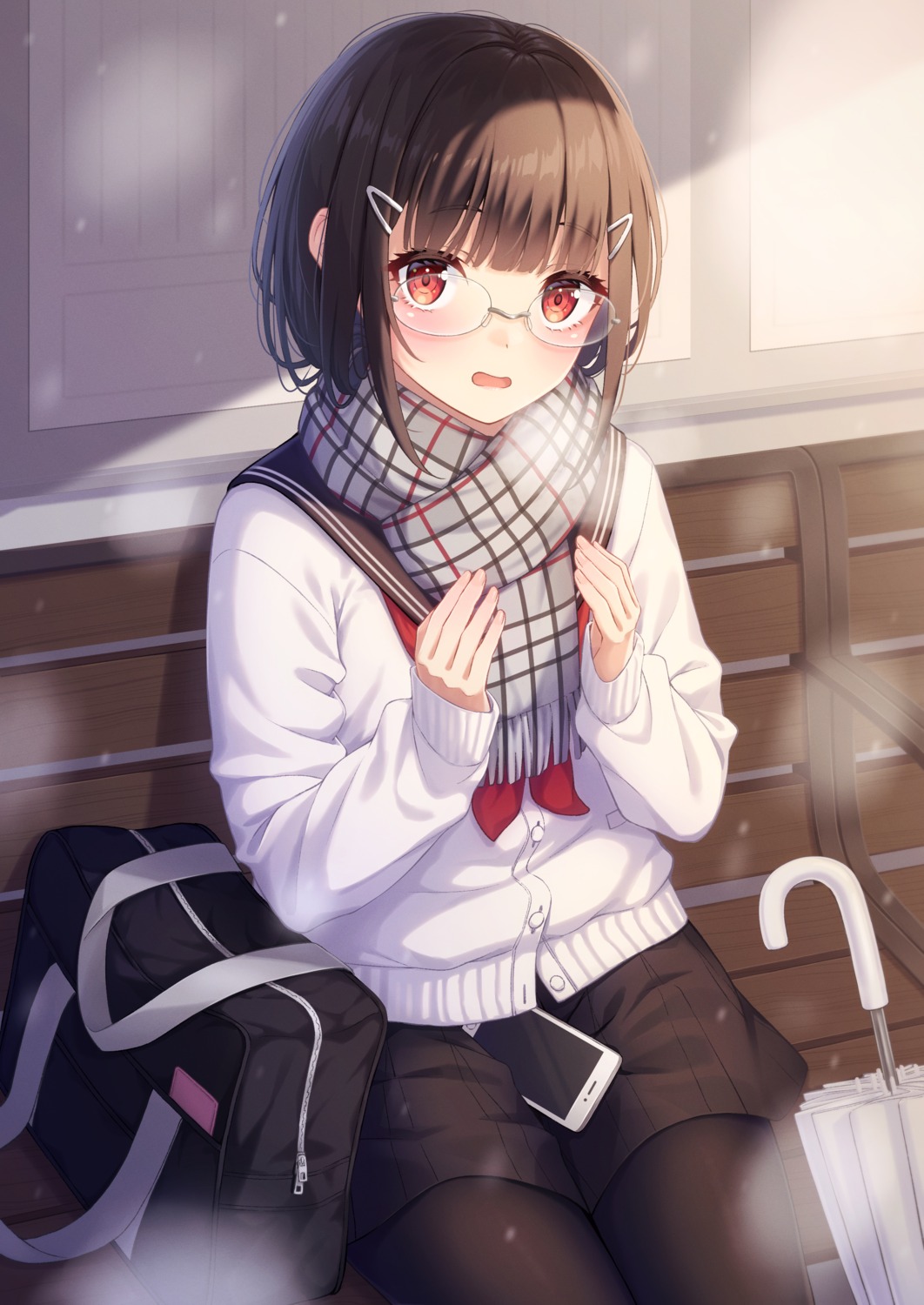 megane, ochiai_miyabi, pantyhose, seifuku, sweater, umbrella