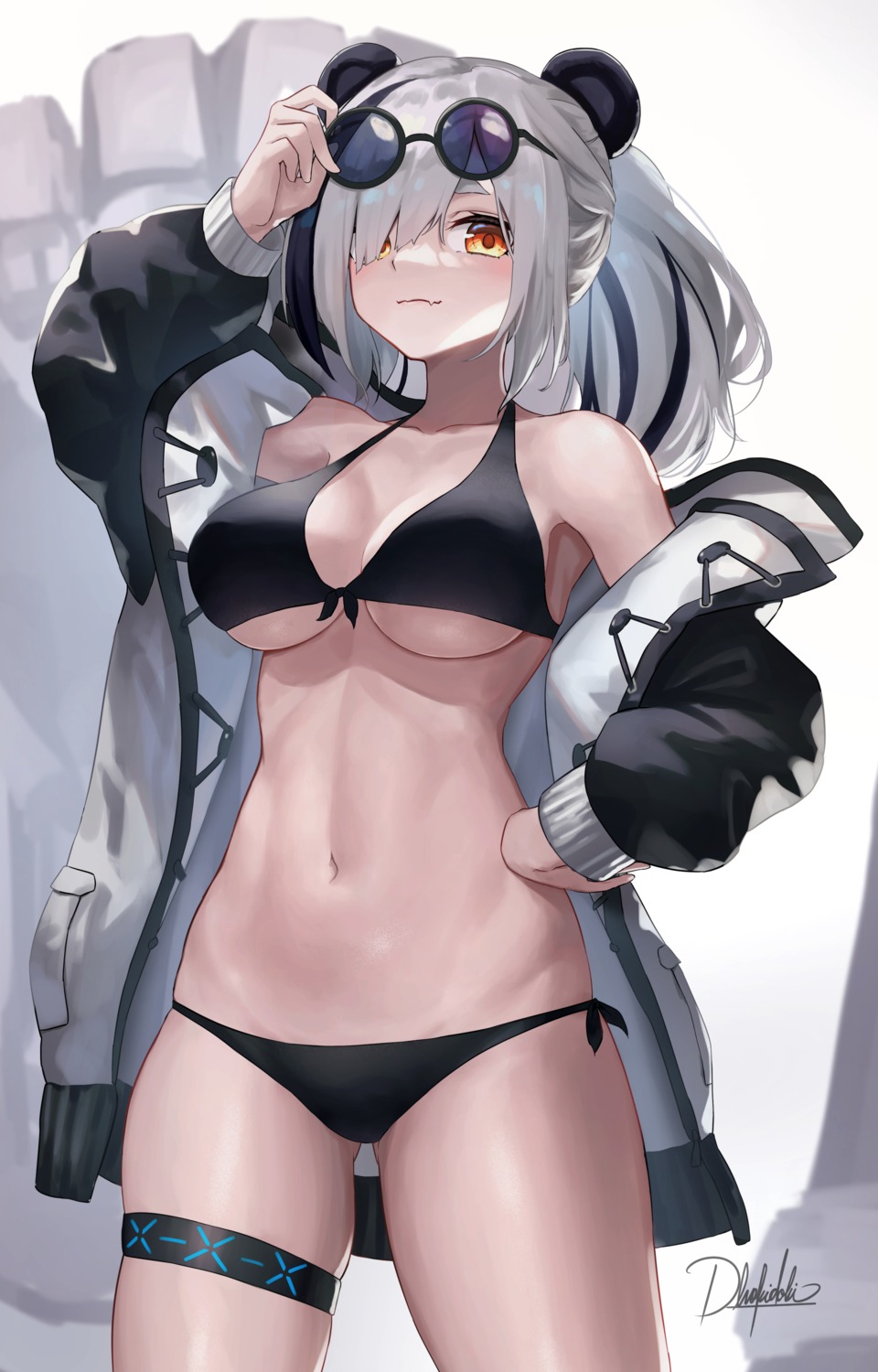 animal_ears, arknights, bikini, dhokidoki, feater_(arknights), garter, megane, open_shirt, swimsuits