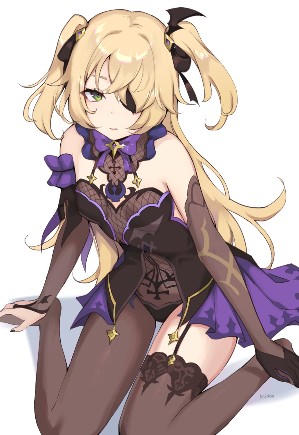 eyepatch, fischl, fishnets, genshin_impact, leotard, milka_(milk4ppl), stockings, thighhighs