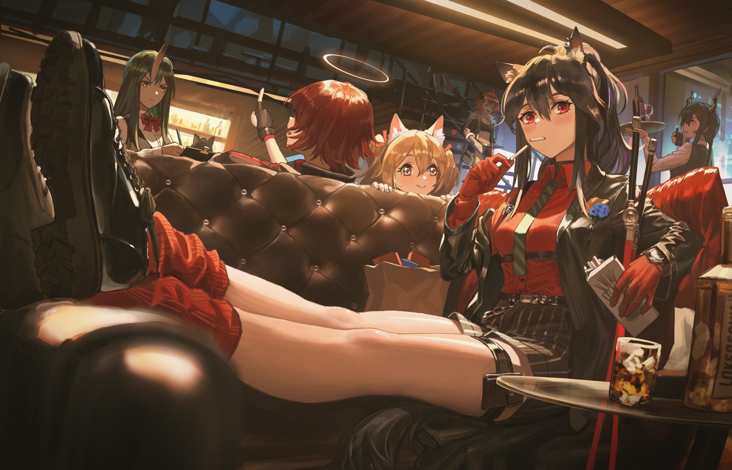 angel, animal_ears, arknights, ch'en_(arknights), croissant_(arknights), exusiai_(arknights), garter, horns, hoshiguma_(arknights), sora_(arknights), texas_(arknights), ttk_(kirinottk), waitress