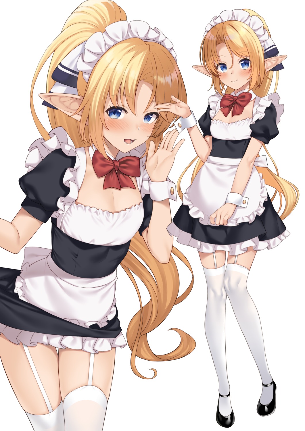 cleavage, elf, enjo_kouhai, iris_tia_aederlinde, maid, pointy_ears, skirt_lift, stockings, takunomi, thighhighs