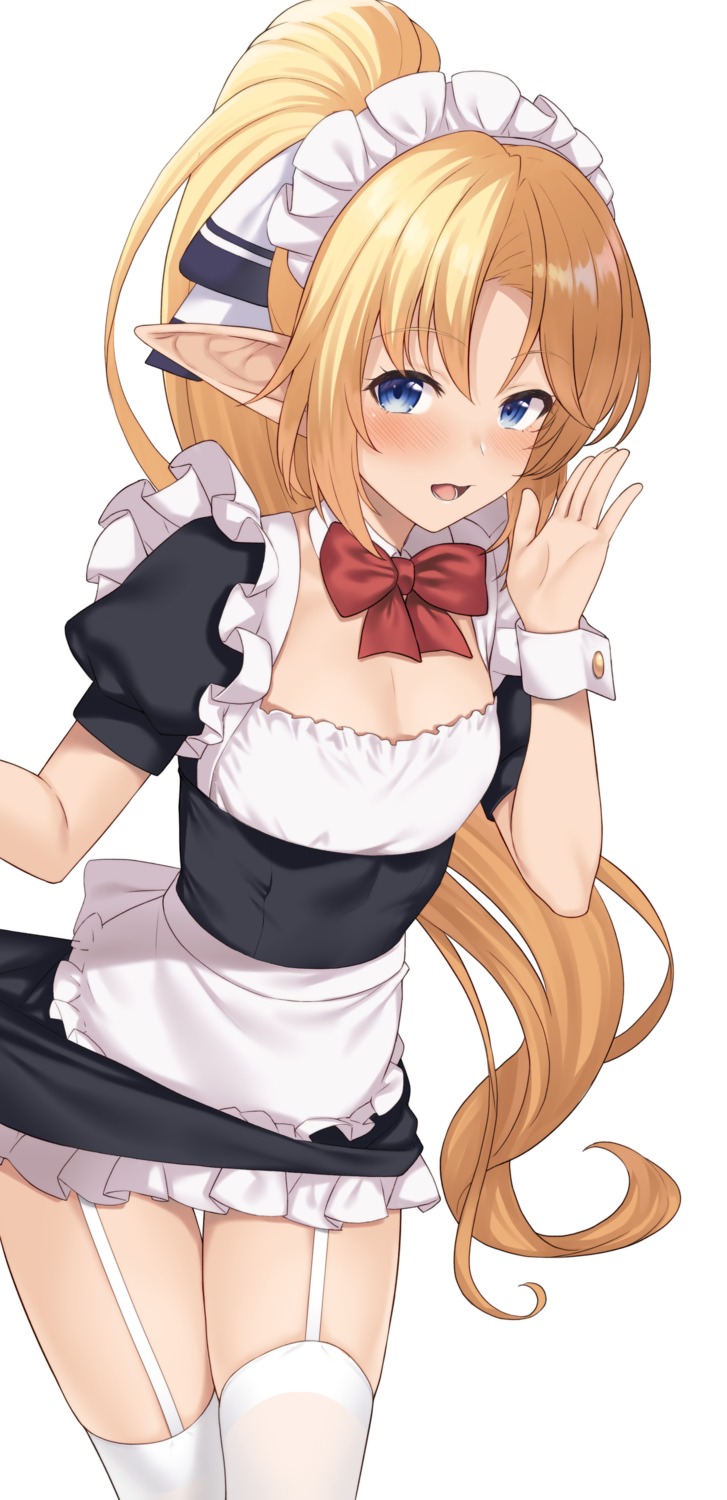 cleavage, elf, enjo_kouhai, iris_tia_aederlinde, maid, pointy_ears, skirt_lift, stockings