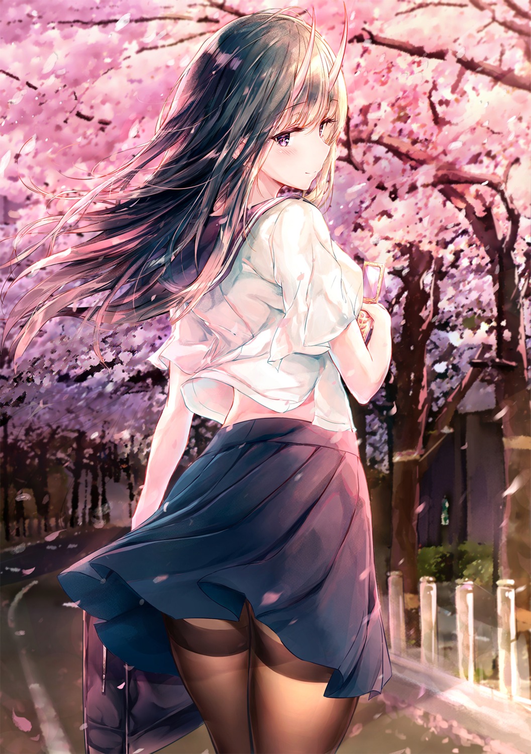eien_no_juu_nana-sai, horns, pantyhose, seifuku, skirt_lift
