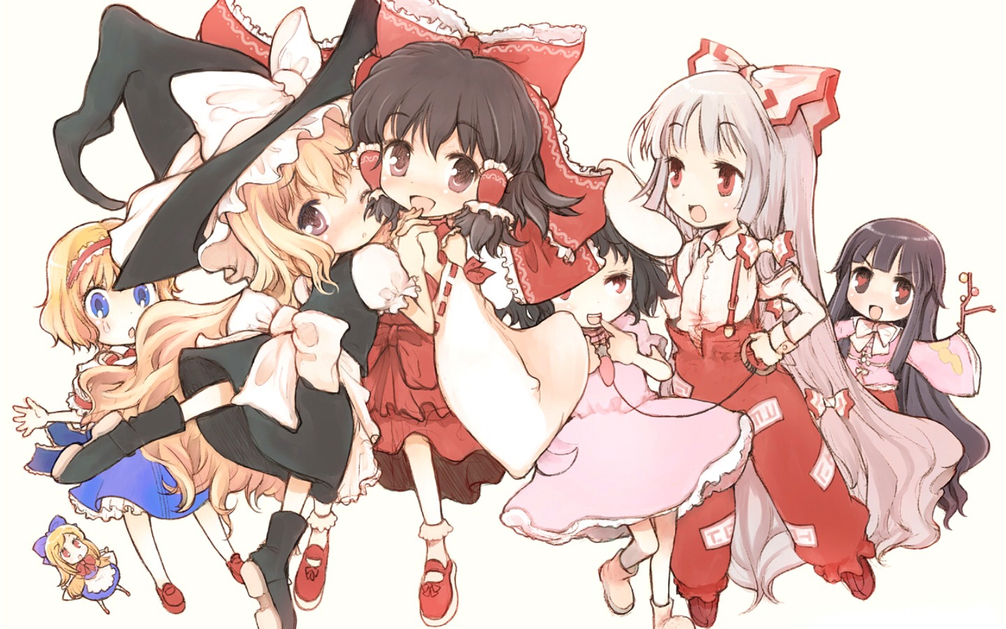 alice_margatroid, fujiwara_no_mokou, hakurei_reimu, houraisan_kaguya, inaba_tewi, kirisame_marisa, okome_(ricecandy), shanghai_doll