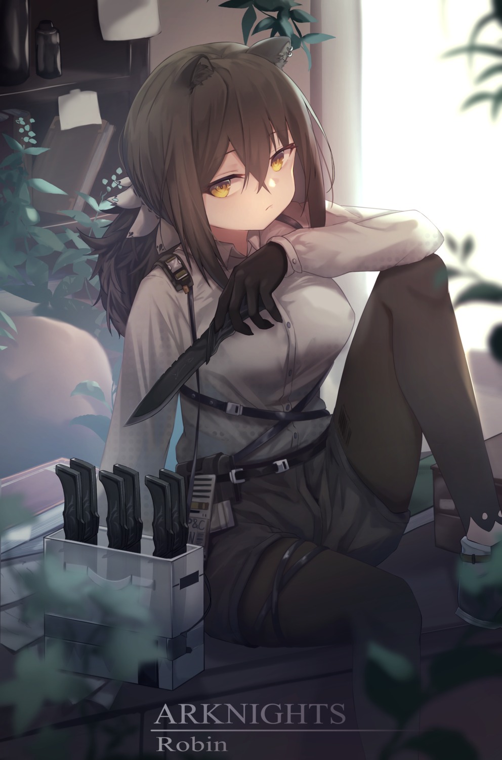 animal_ears, aoinu_(aoinu_99), arknights, garter, pantyhose, robin_(arknights), weapon