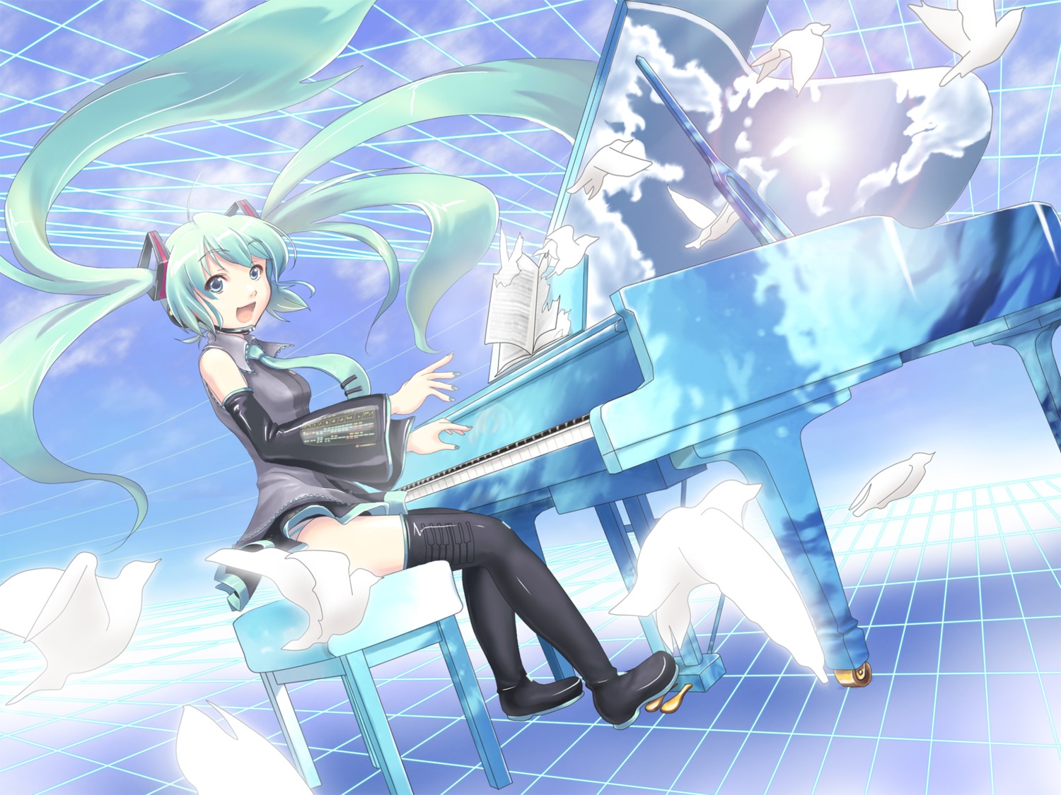 hatsune_miku, k2pudding, thighhighs, vocaloid, wallpaper