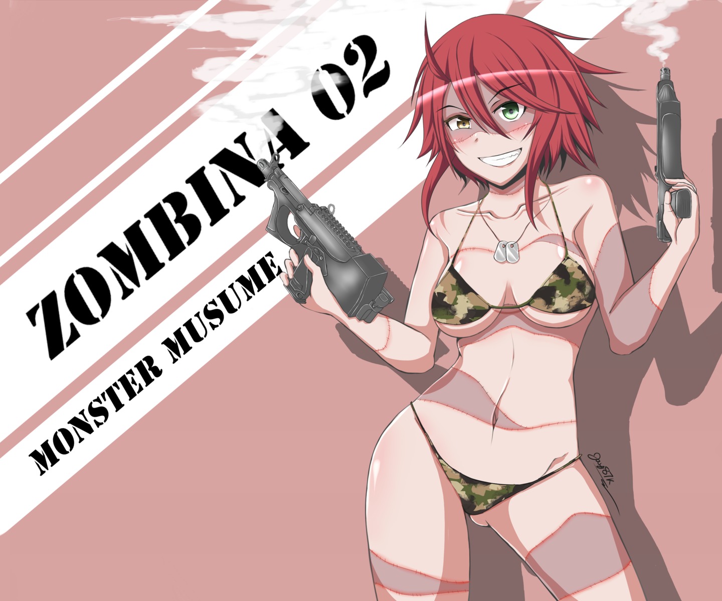 bikini, gun, heterochromia, jay87k, monster_girl, monster_musume_no_iru_nichijou, swimsuits, zombina
