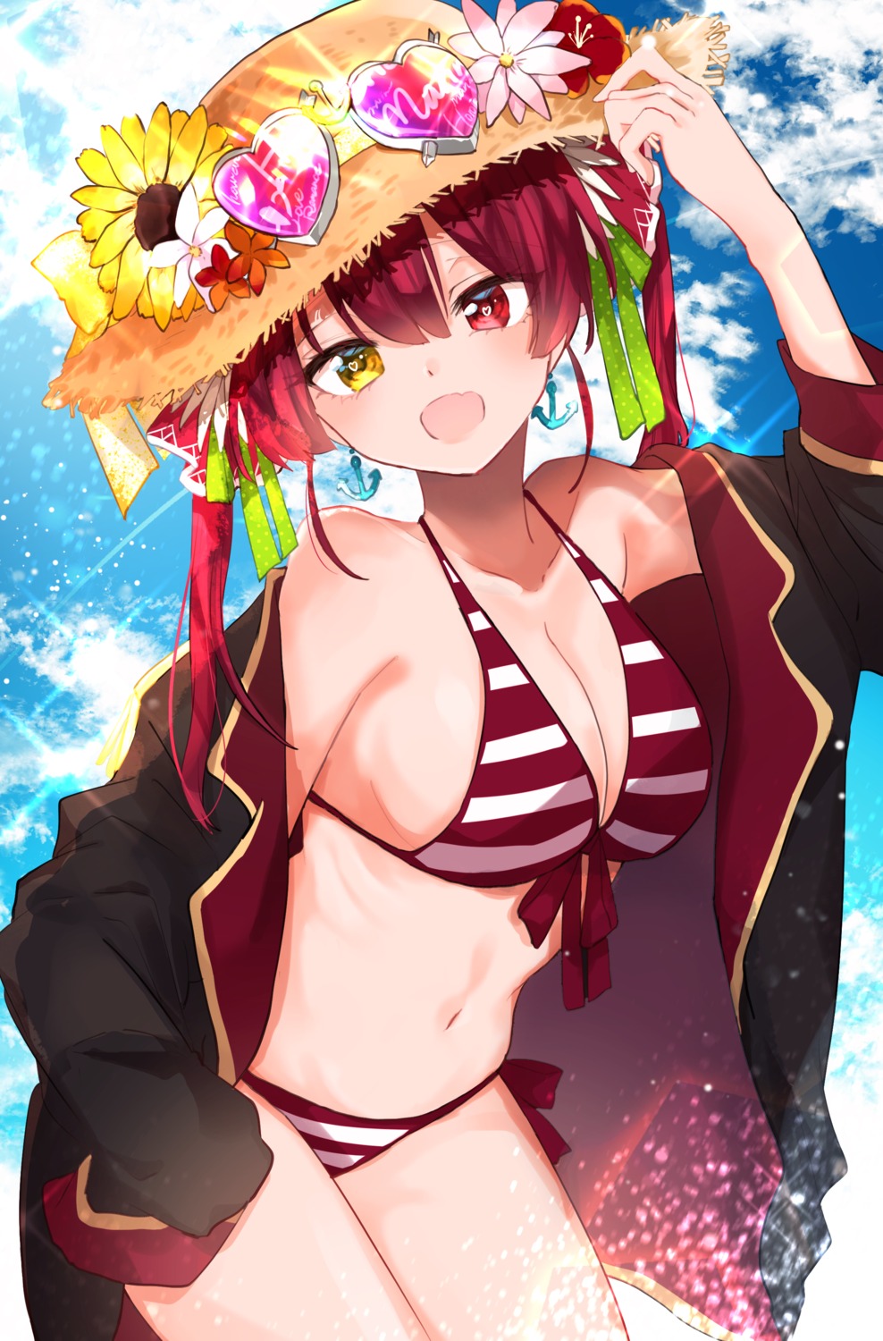 anfuji_uiro, bikini, heterochromia, hololive, houshou_marine, megane, open_shirt, swimsuits
