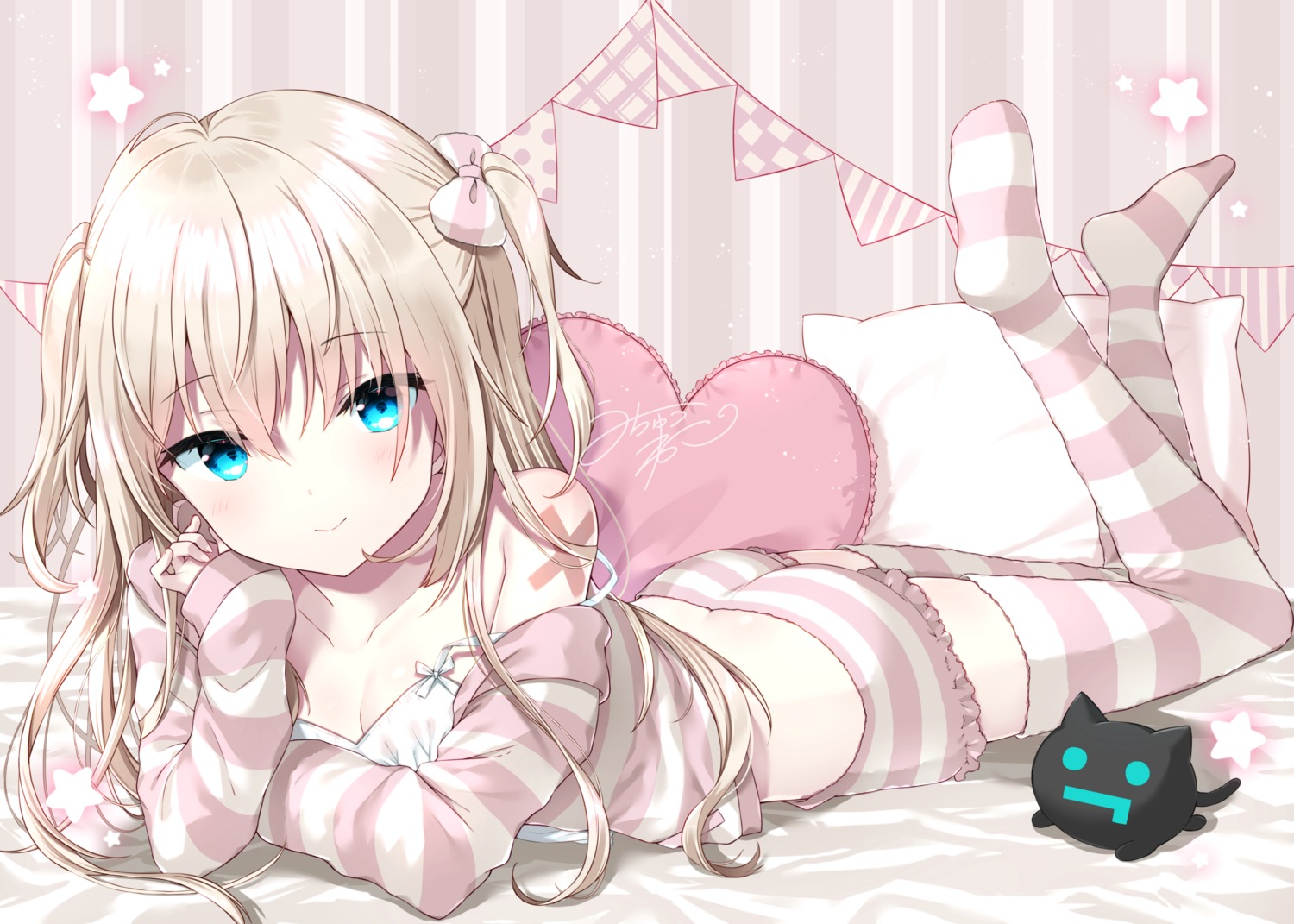 cleavage, lingerie, pajama, tattoo, thighhighs, uchuuneko