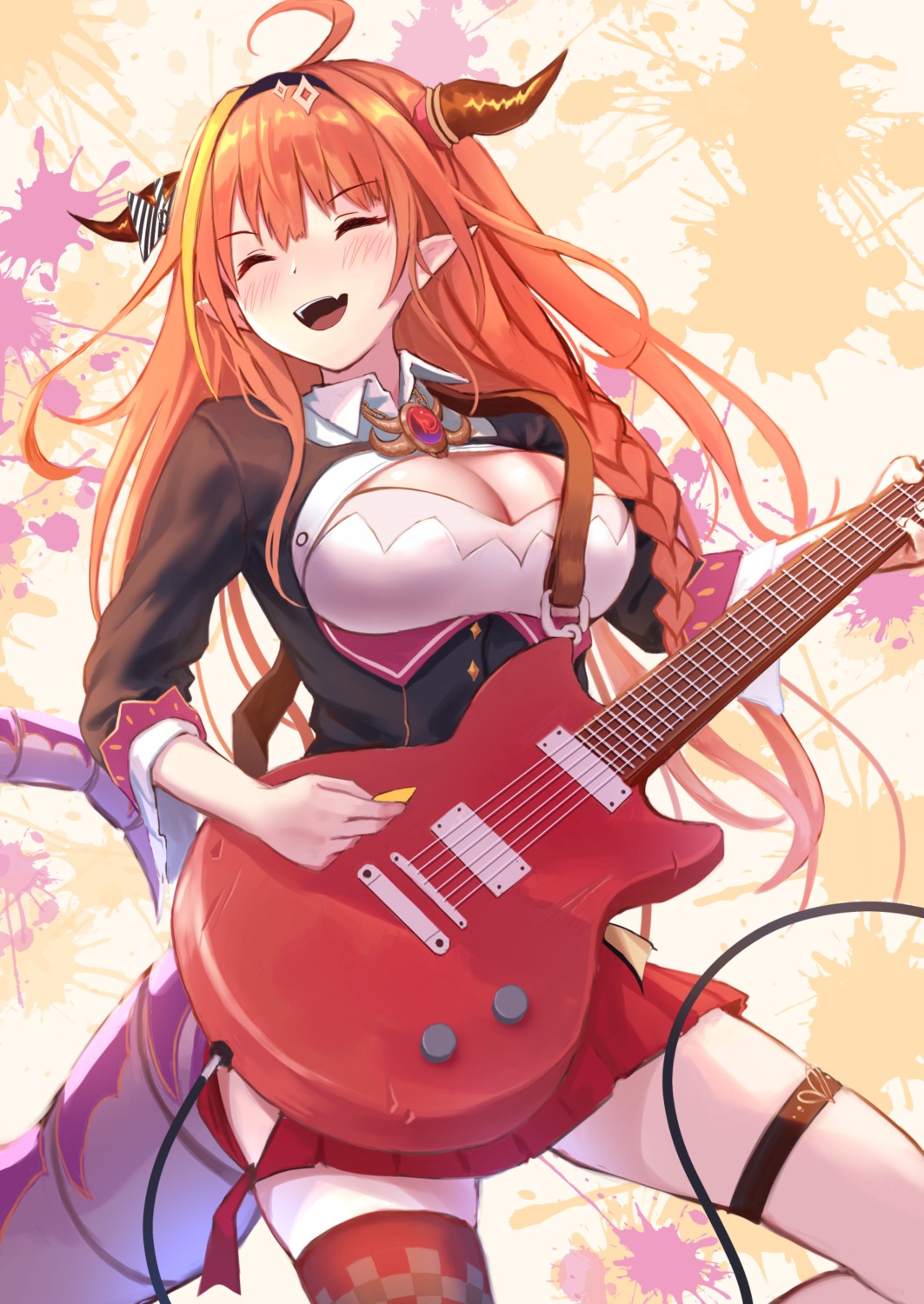 cleavage, garter, guitar, hololive, horns, kiryuu_coco, roke_(taikodon), tail
