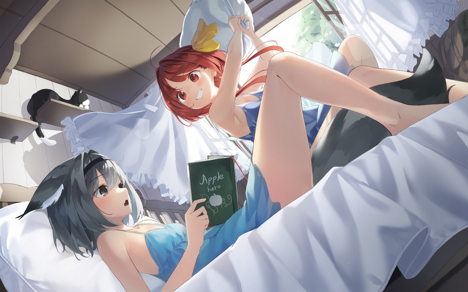 animal_ears, cleavage, dress, kimyo, neko, no_bra, skirt_lift, summer_dress, tail