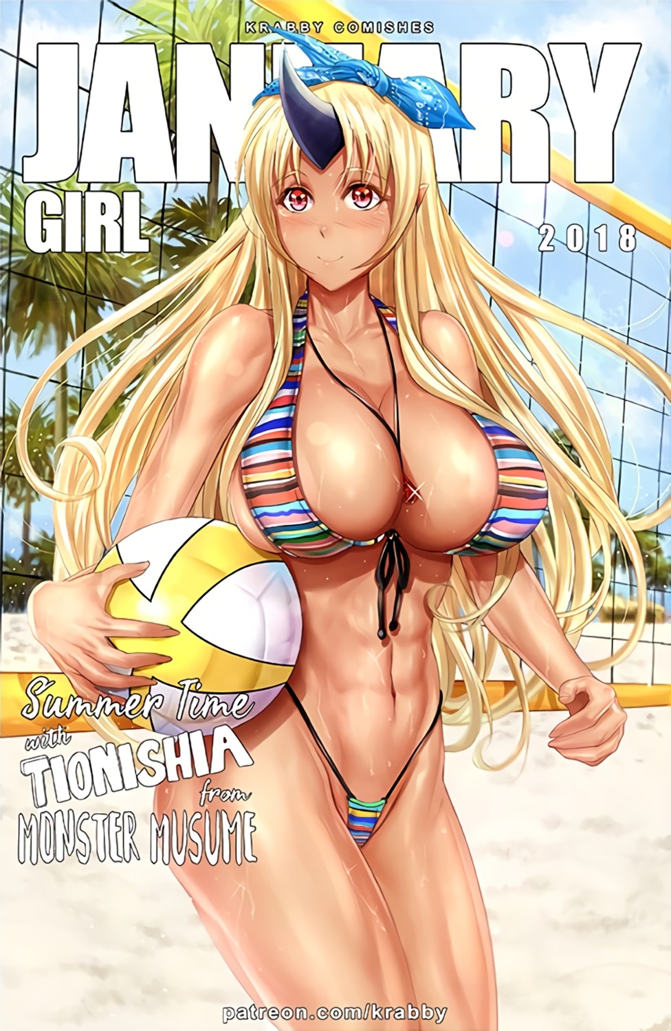 bikini, horns, krabby_(artist), monster_girl, monster_musume_no_iru_nichijou, pointy_ears, swimsuits, tionishia, wet