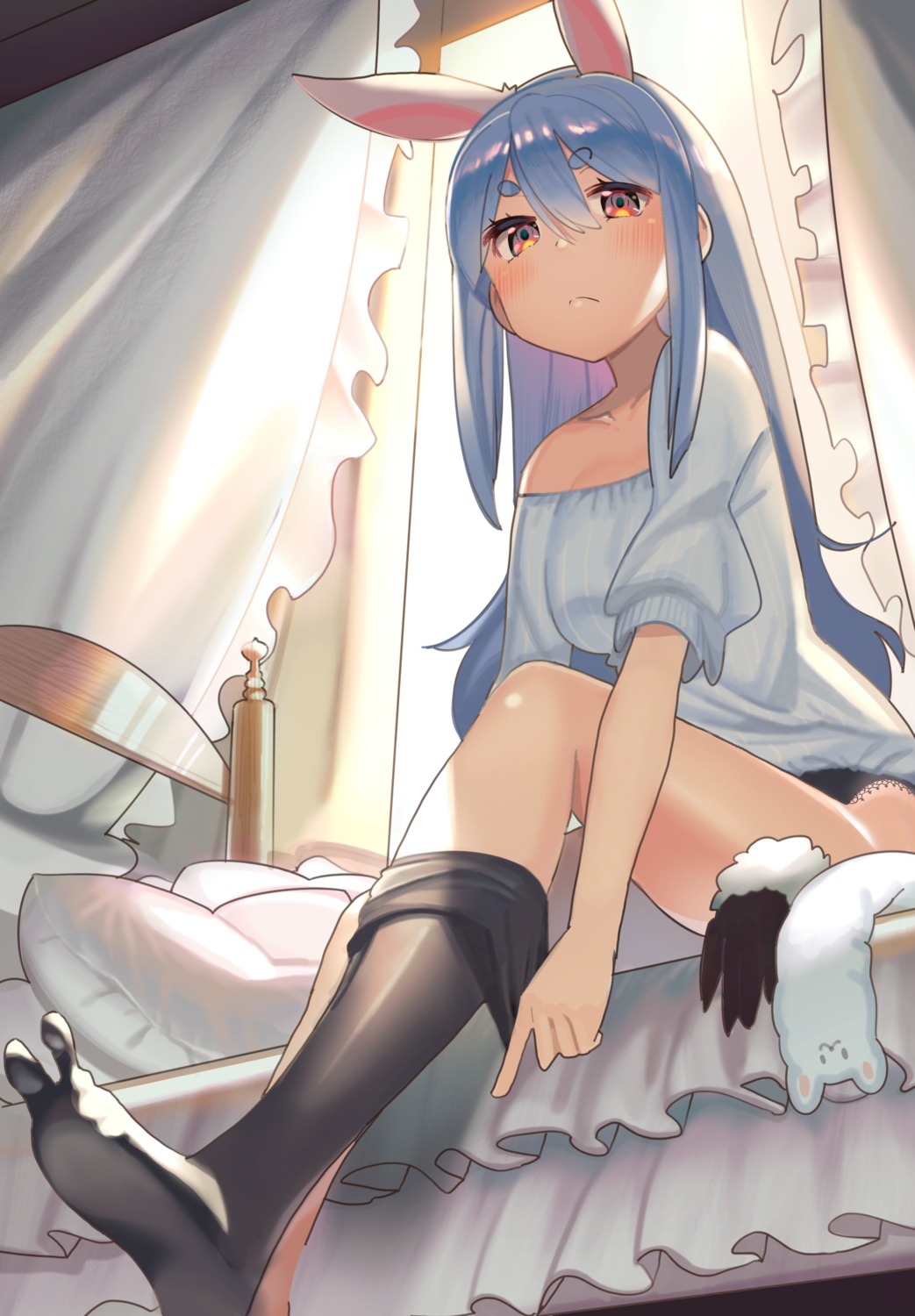 animal_ears, bunny_ears, feet, hololive, kasa_list, pantsu, sweater, undressing, usada_pekora