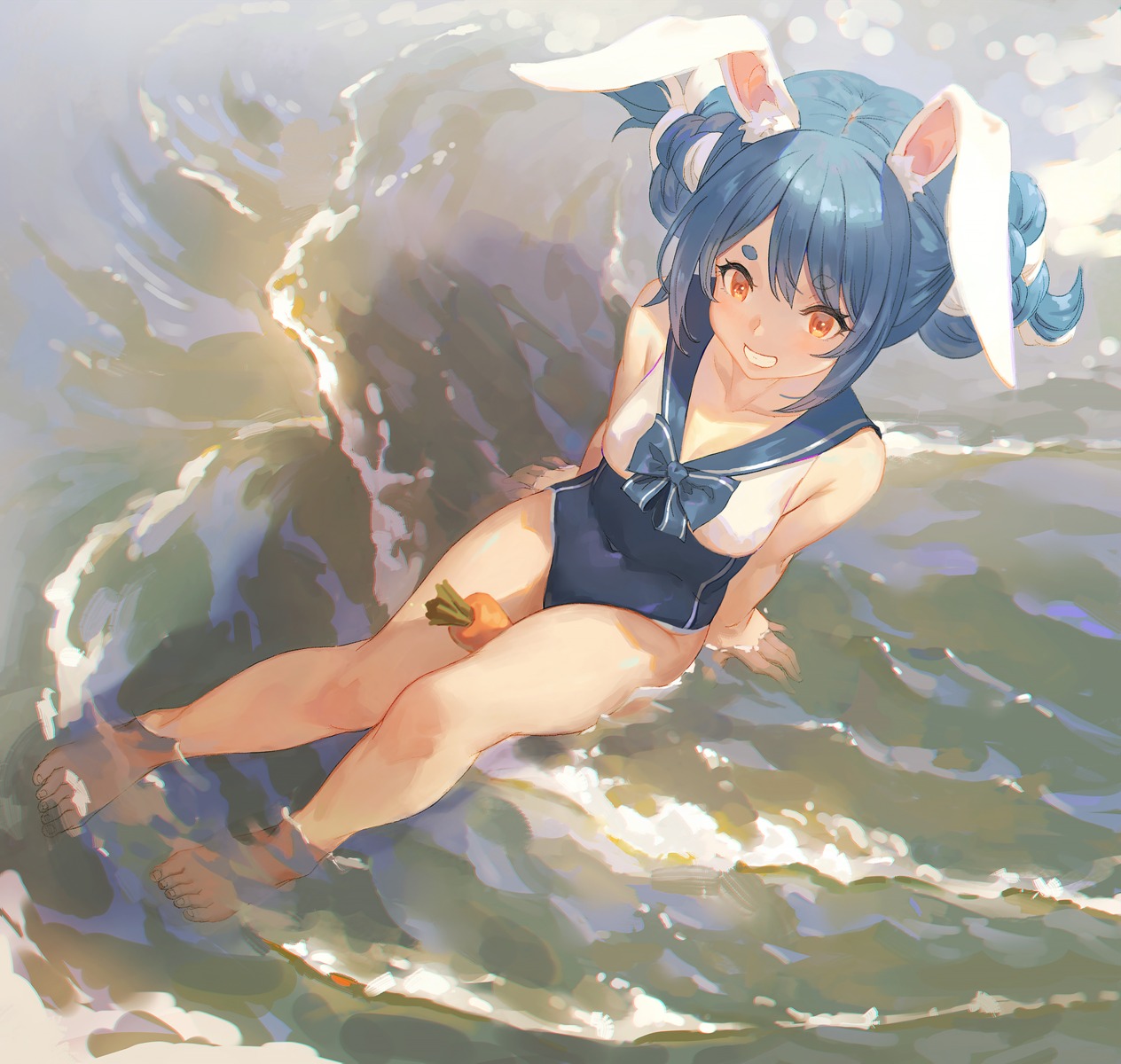 animal_ears, bunny_ears, cleavage, hololive, ruien, swimsuits, usada_pekora, wet