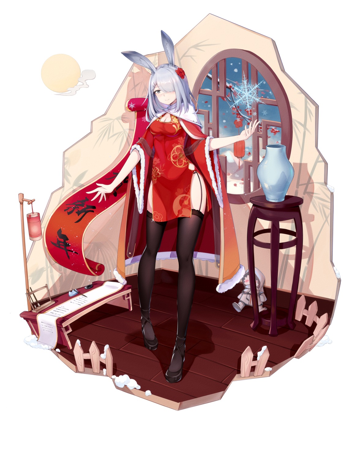 animal_ears, arknights, bunny_ears, chinadress, cleavage, frostnova_(arknights), stockings, thighhighs