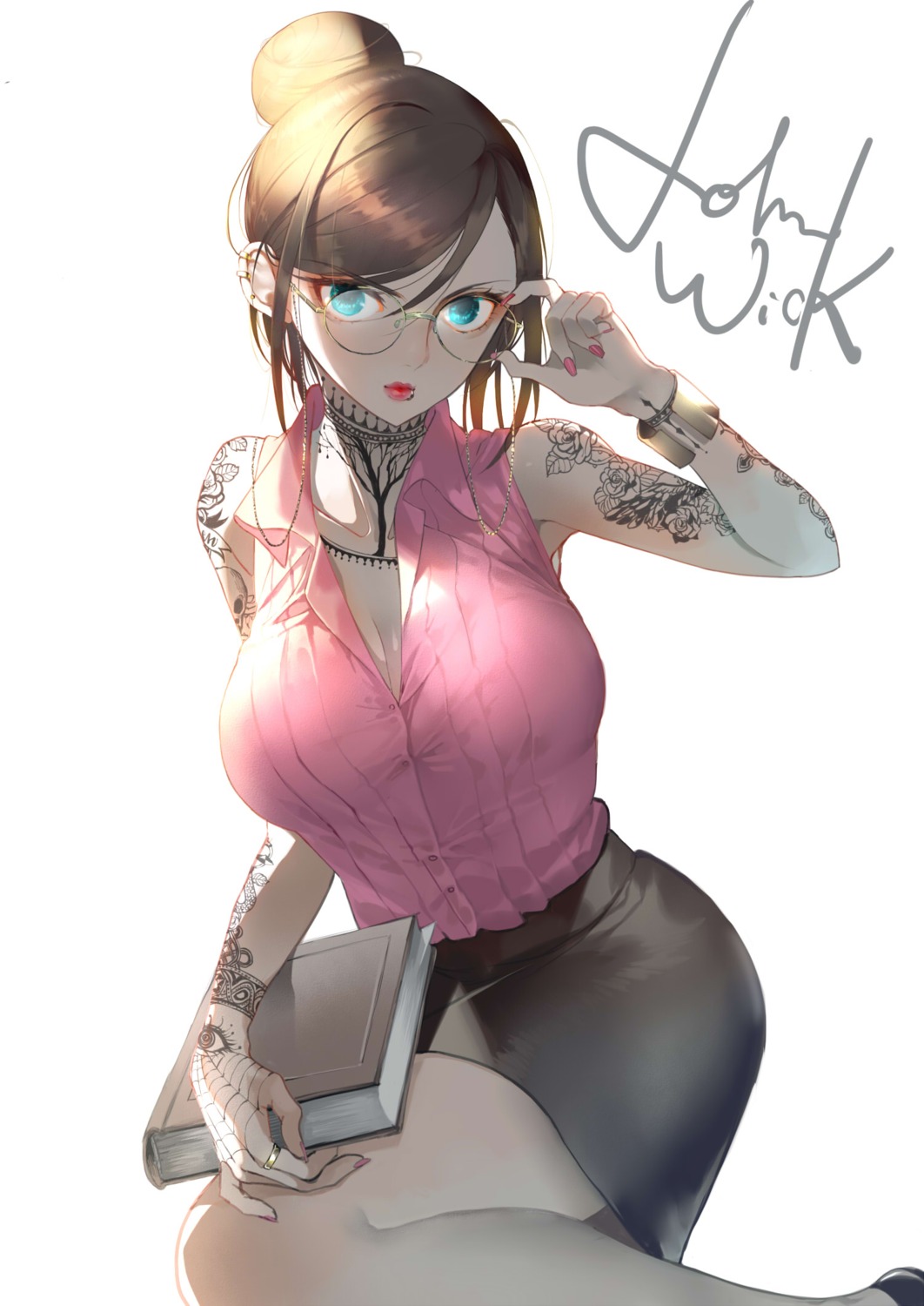 cleavage, isaki_uta, megane, tattoo
