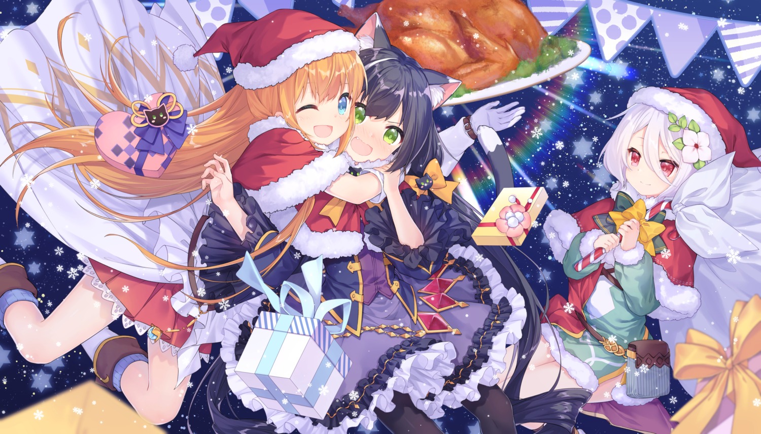 animal_ears, christmas, dress, karyl_(princess_connect), kokkoro, nekomimi, pantyhose, pecorine
