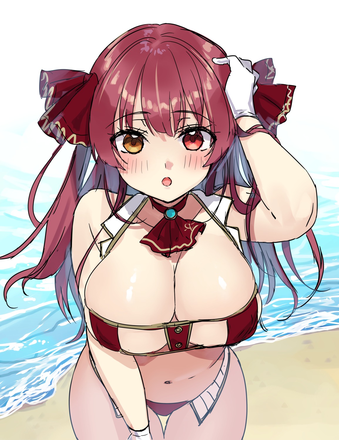 bikini, erect_nipples, hanasaki_mahiru, heterochromia, hololive, houshou_marine, sketch, swimsuits